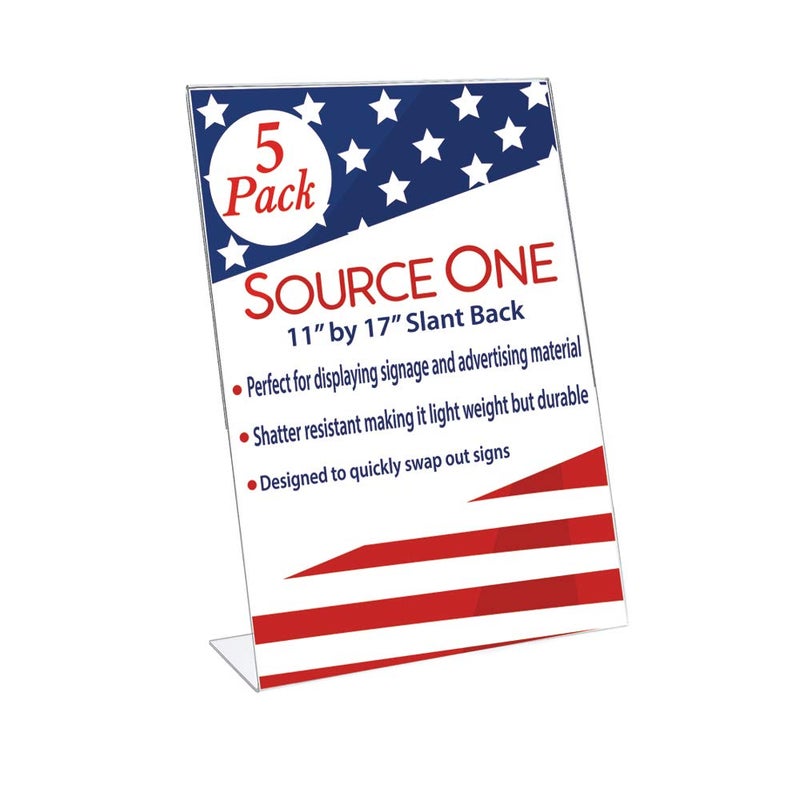 SOURCEONE.ORG Deluxe 11 Wide x 17 Tall Slant Back Clear Thick Acrylic Sign Holder - Brochure Holder (5 Pack)